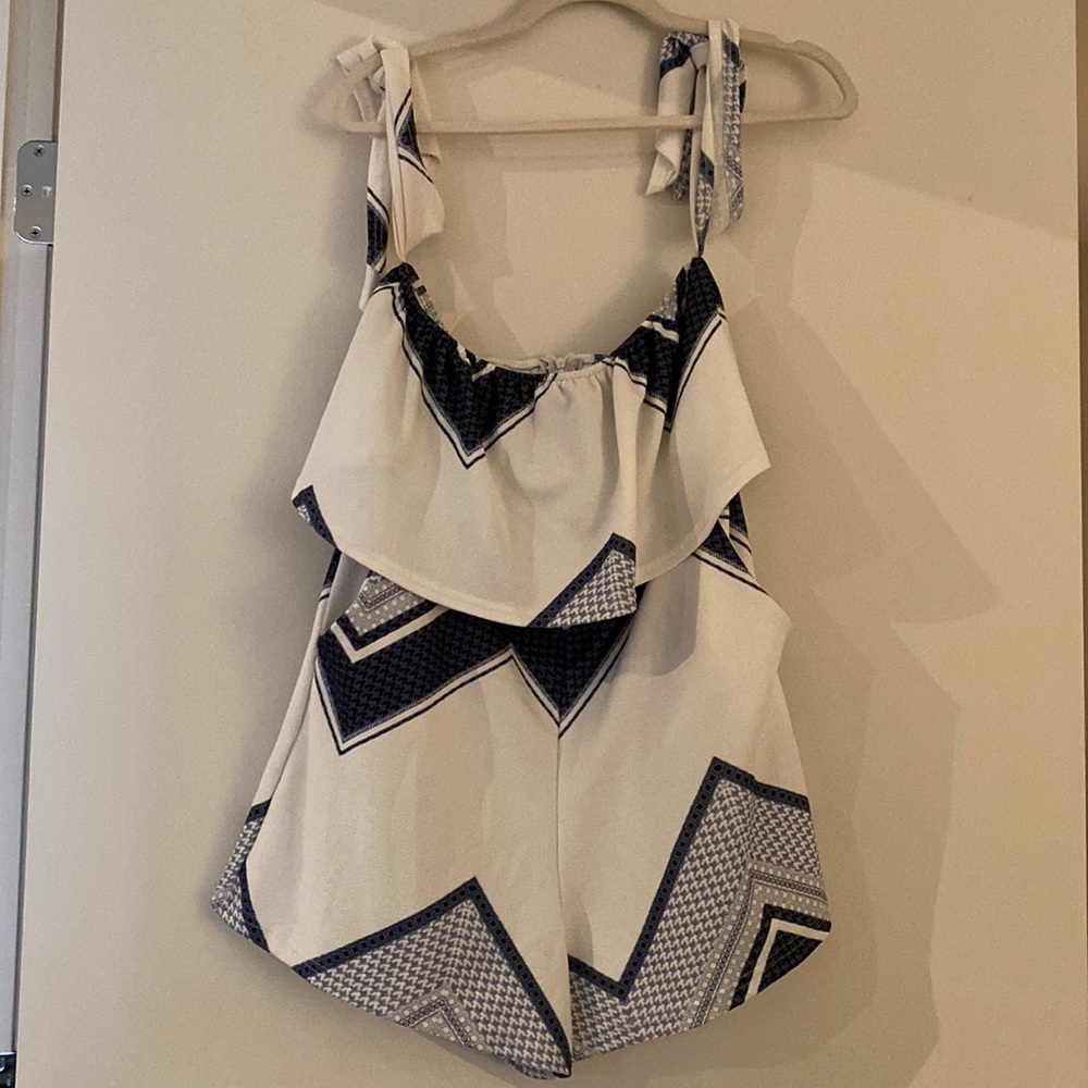 White/blue off shoulder romper